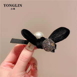 韩国黑色绒布发夹可爱兔耳朵留海一字夹女韩国顶夹刘海边夹鸭嘴夹