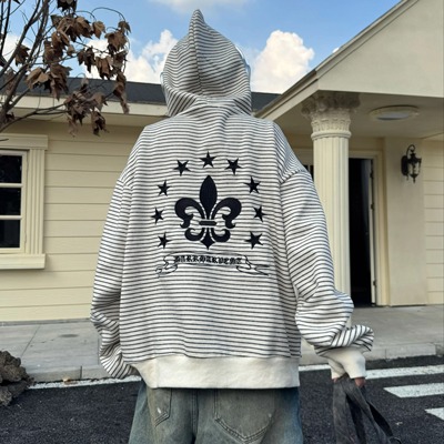 美式复古刺绣毛呢条纹连帽外套