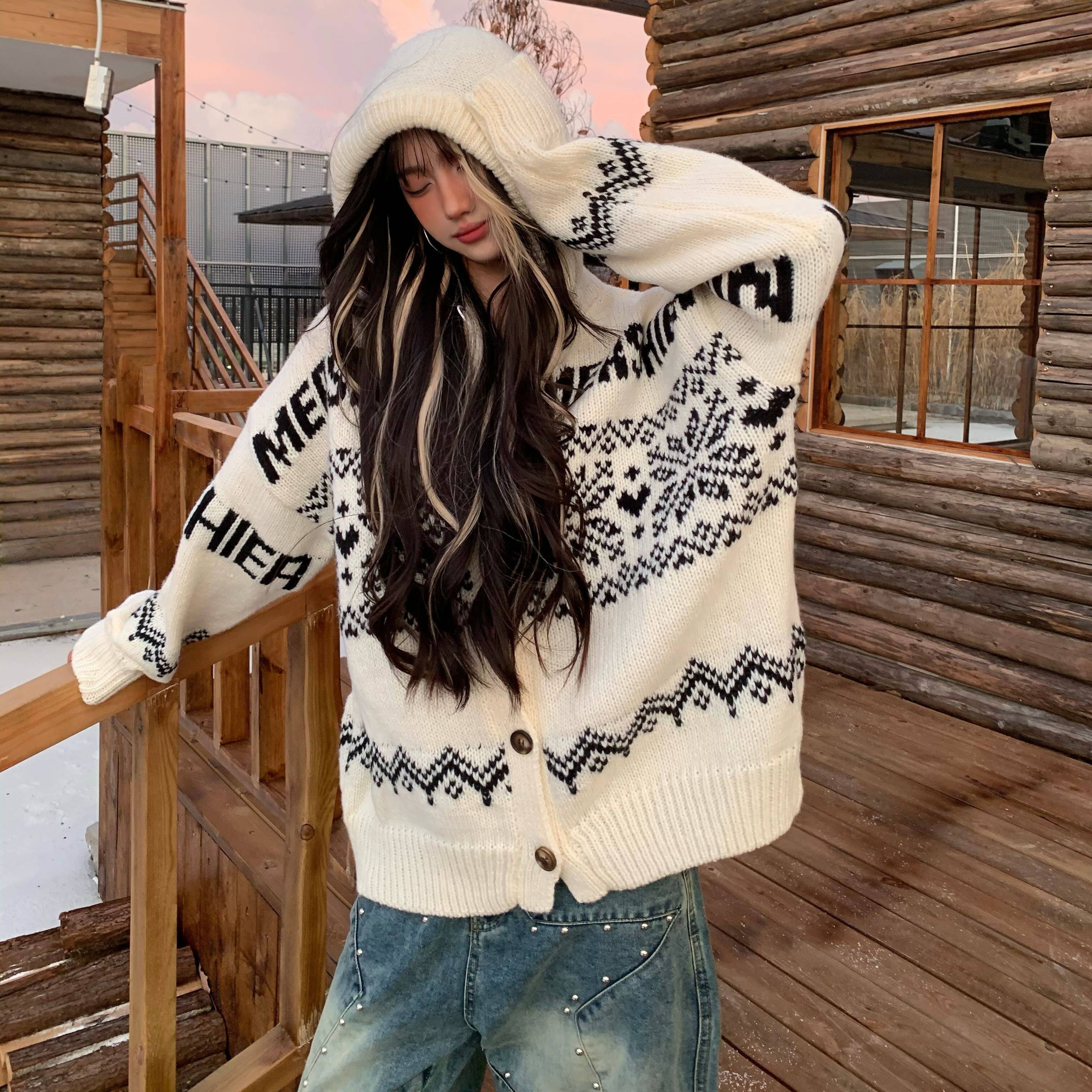 美式复古费尔岛针织连帽毛衣