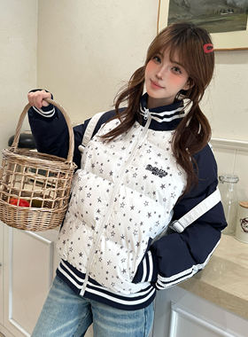 Amoeba美式复古撞色满印星星织带立领棉服女冬季保暖加厚棉衣外套