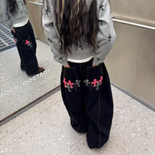 Amoeba美式复古阔腿弯刀牛仔裤男女宽松百搭十字架刺绣多口袋长裤