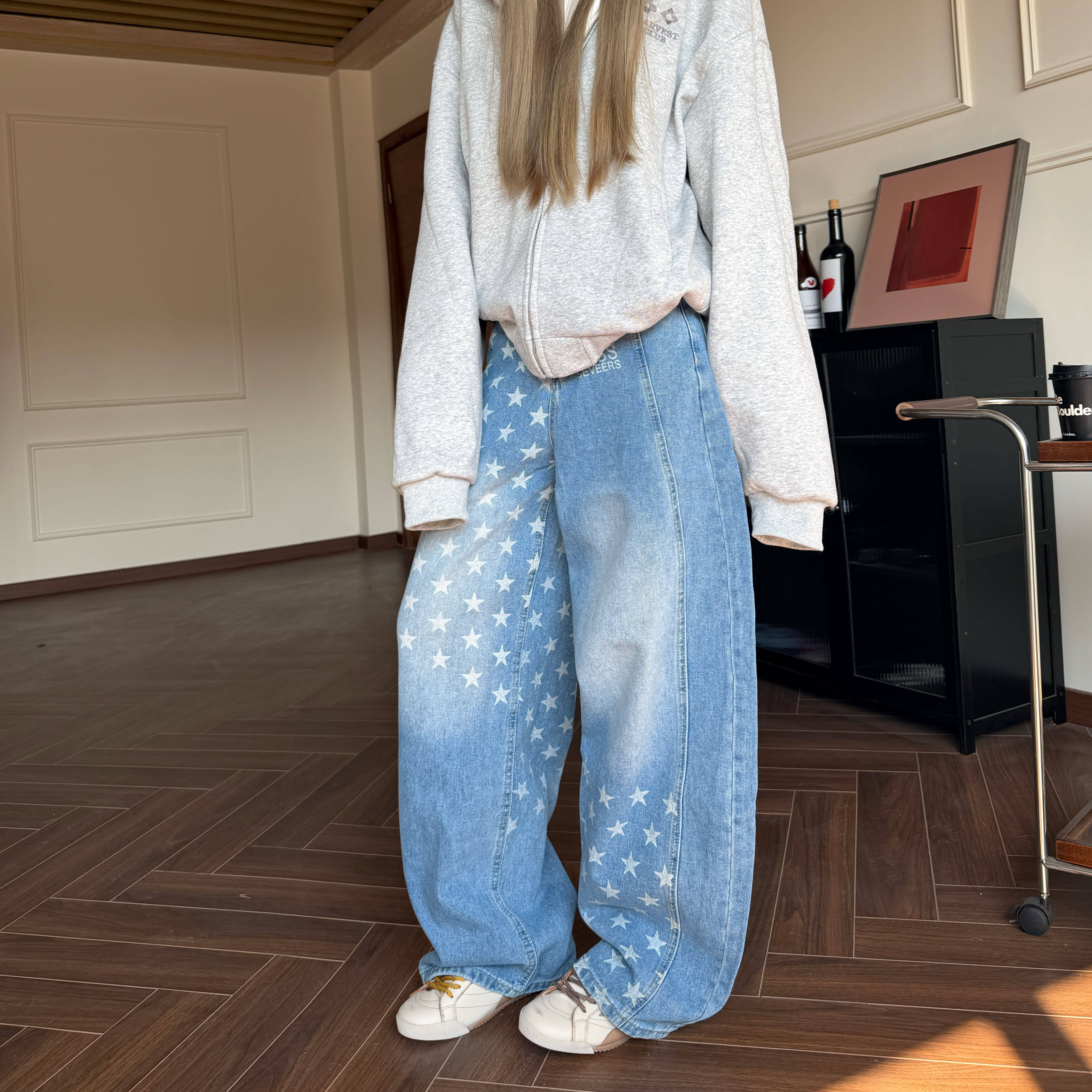 Amoeba美式复古水洗做旧星星印花宽松阔腿弯刀牛仔裤男女百搭长裤