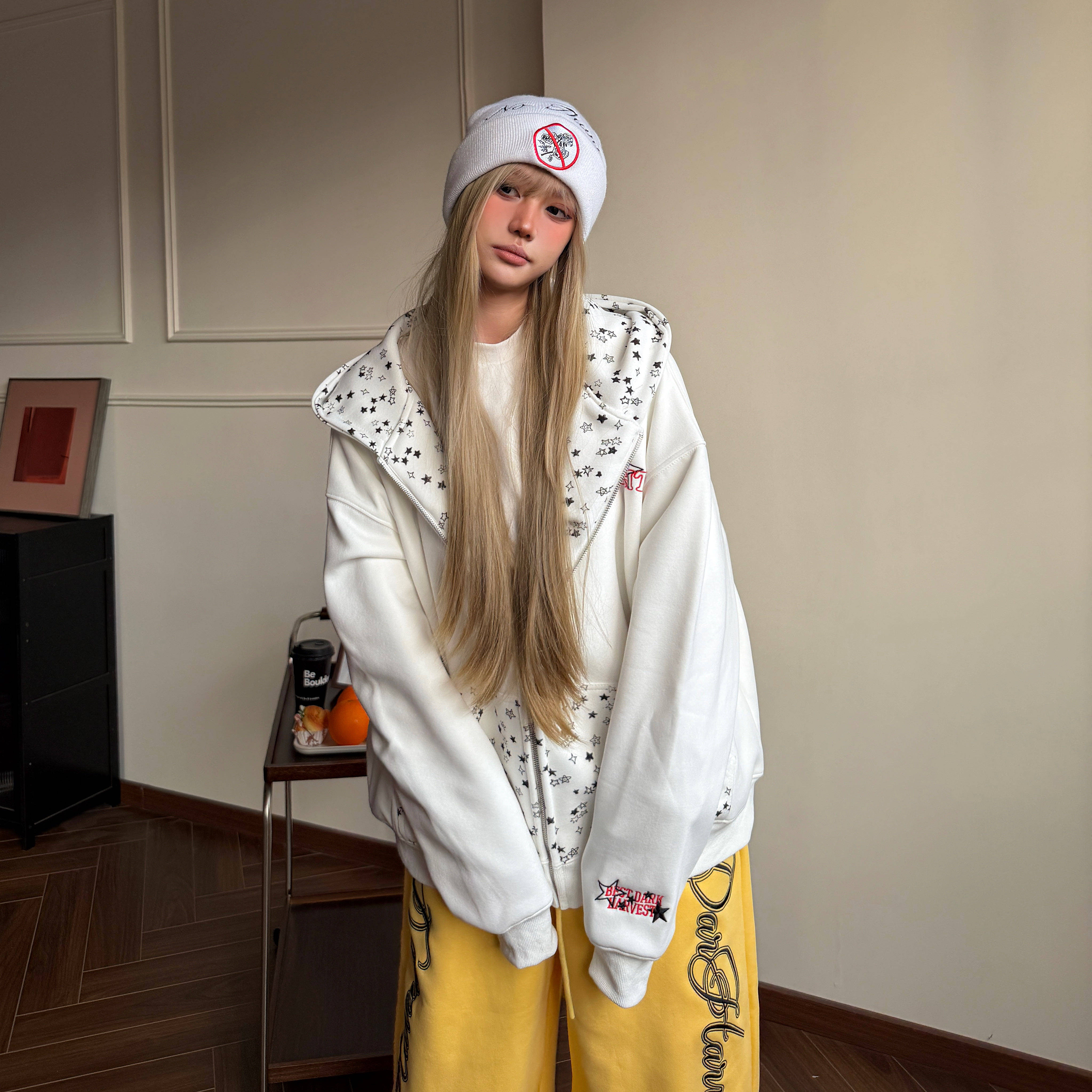 Amoeba美式复古满印星星印花拼接连帽卫衣男女宽松加绒拉链外套