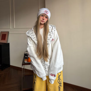 Amoeba美式 复古满印星星印花拼接连帽卫衣男女宽松加绒拉链外套