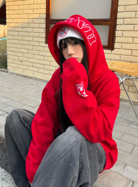 Amoeba原创国潮字母刺绣加绒连帽卫衣美式街头新款百搭情侣帽衫