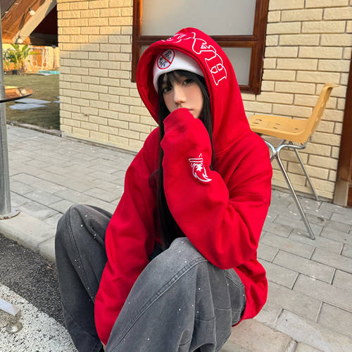 宽松美式街头字母刺绣连帽卫衣
