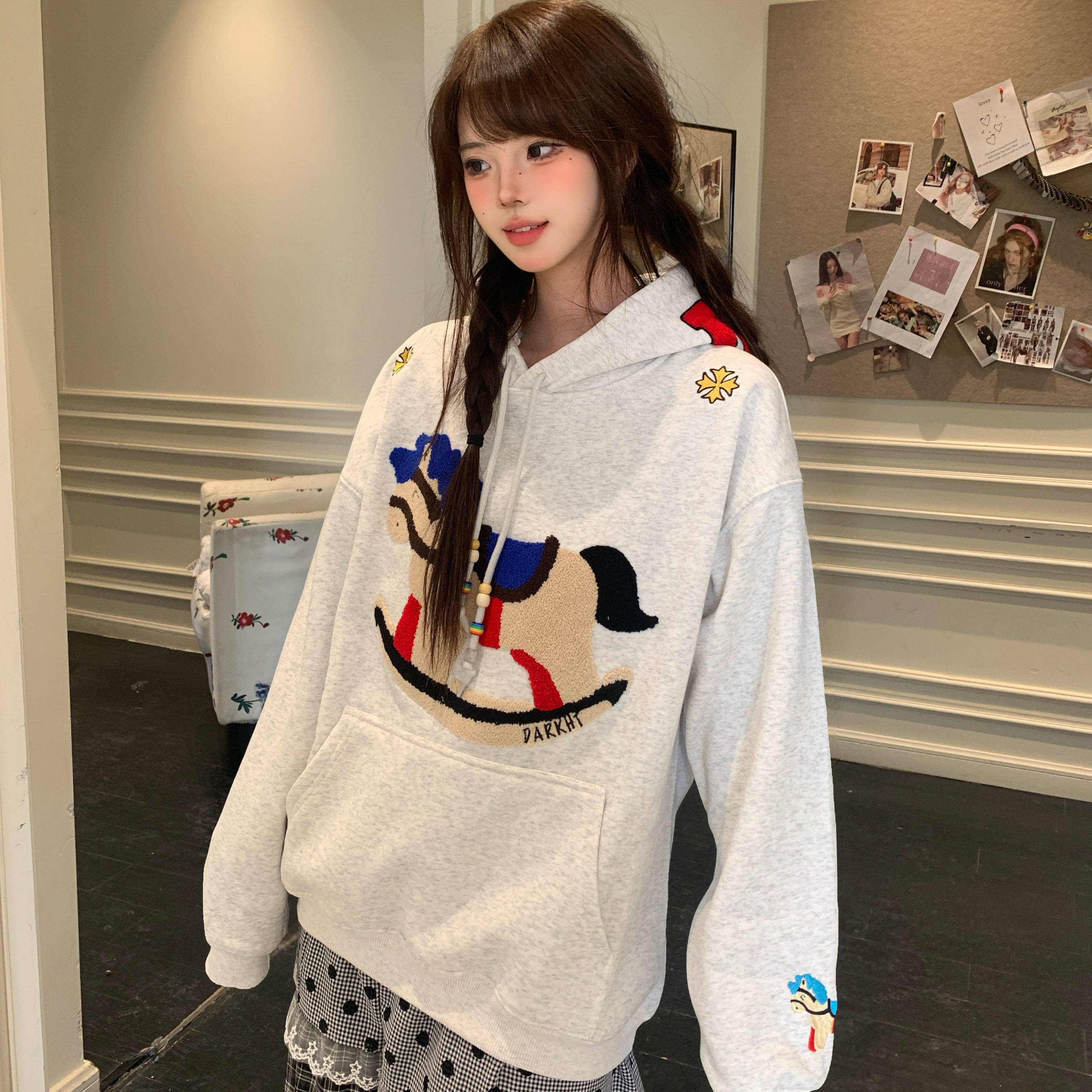 Amoeba美式复古彩色字母植绒腊肠犬刺绣加绒连帽卫衣男女宽松帽衫