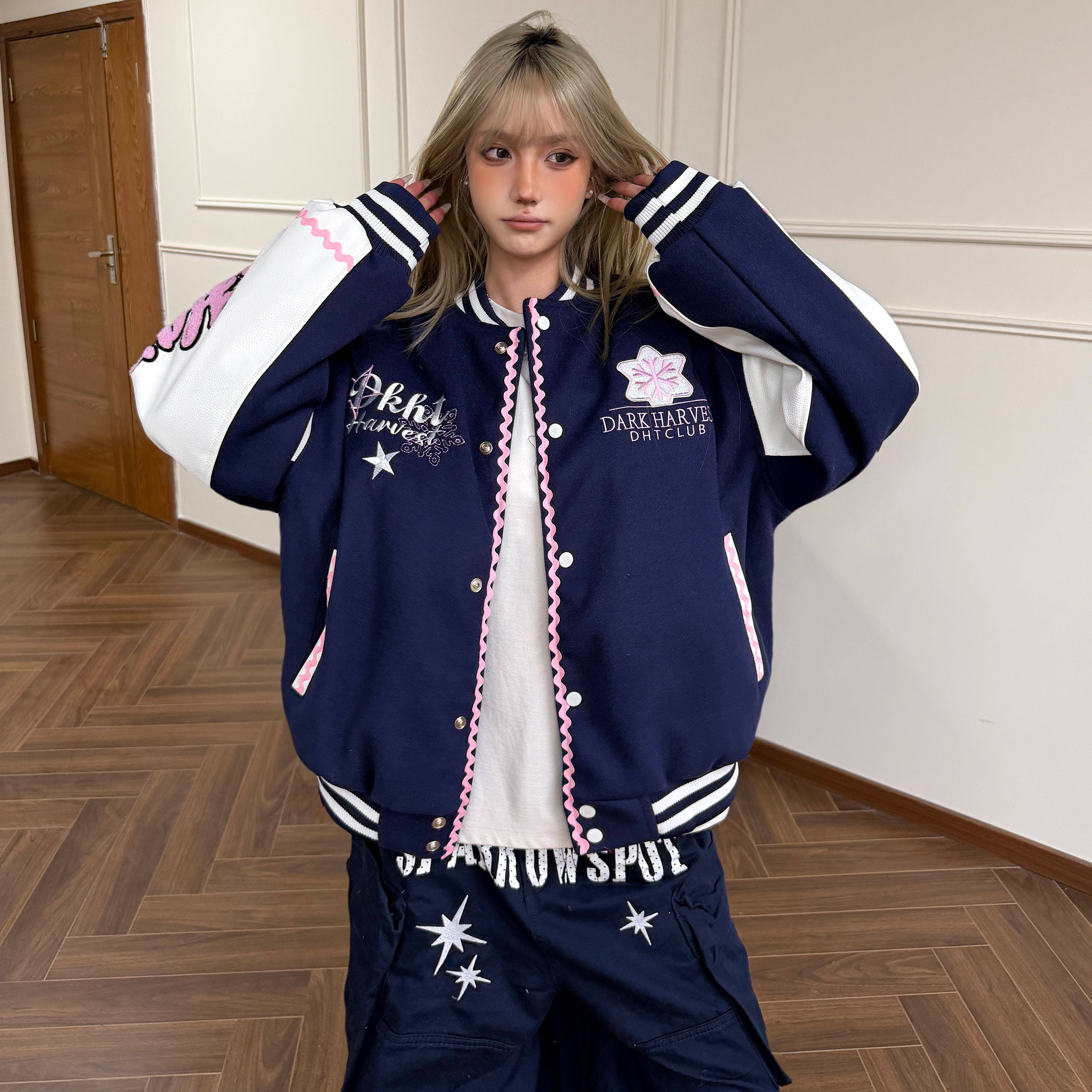 Amoeba美式复古撞色字母雪花刺绣棒球服外套女情侣宽松夹棉夹克