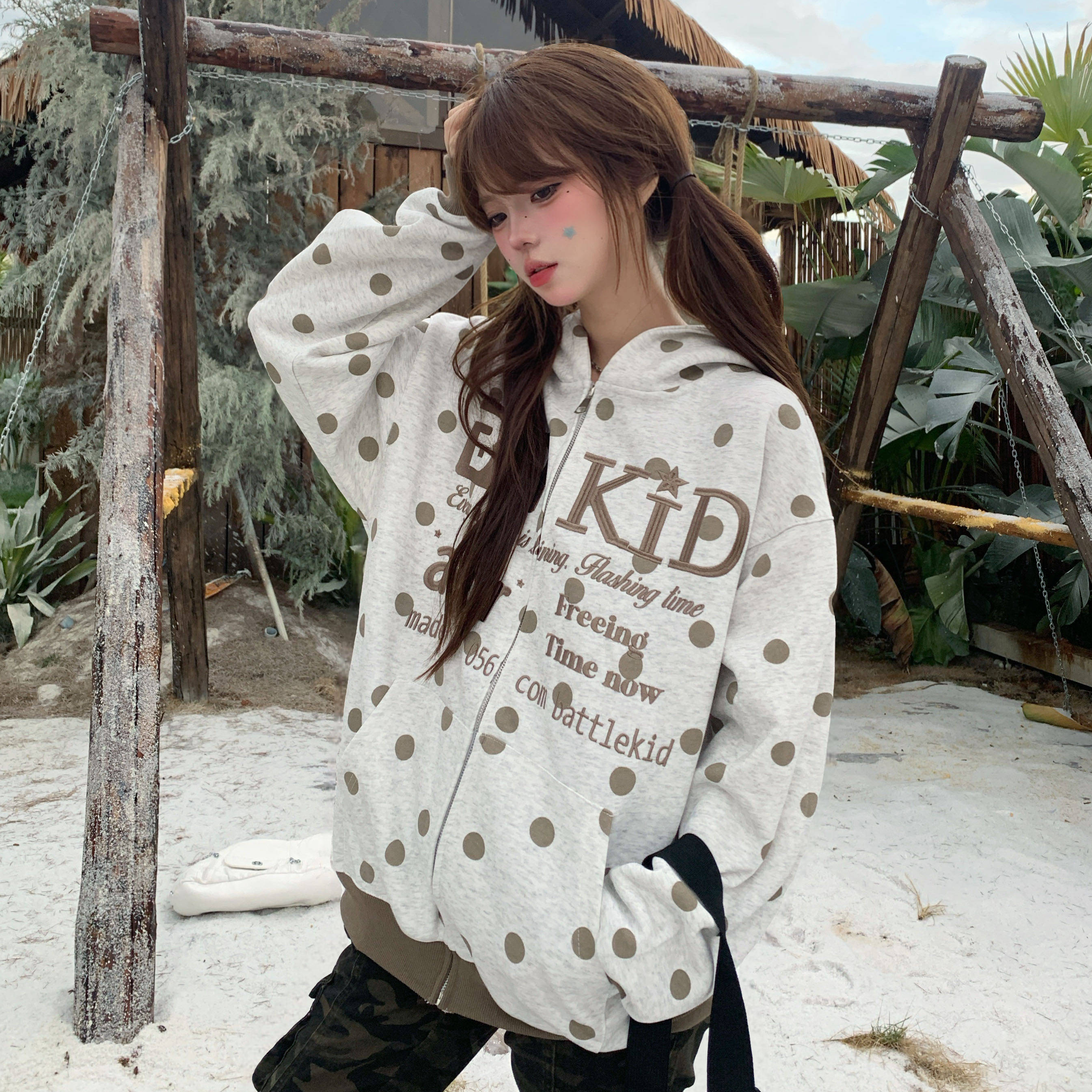 Amoeba美式复古波点满印刺绣字母连帽卫衣拉链开衫秋季情侣外套