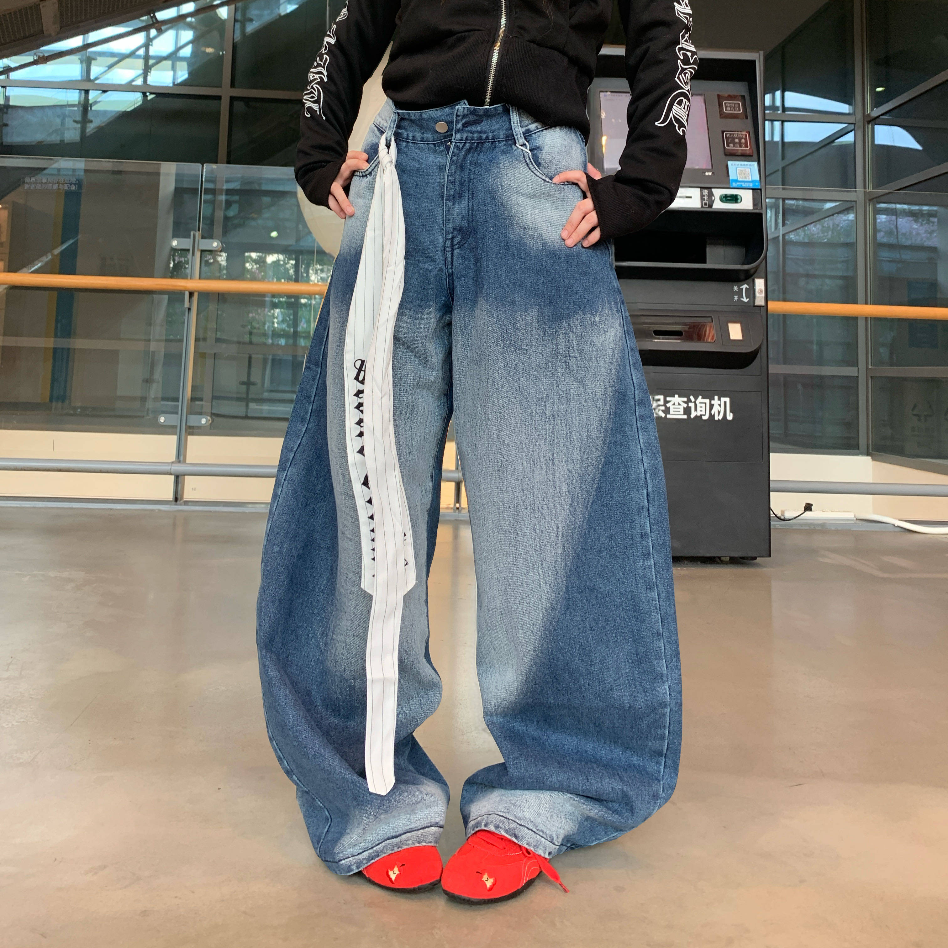 Amoeba美式复古水洗做旧刺绣梵文飘带宽松阔腿弯刀牛仔裤男女长裤