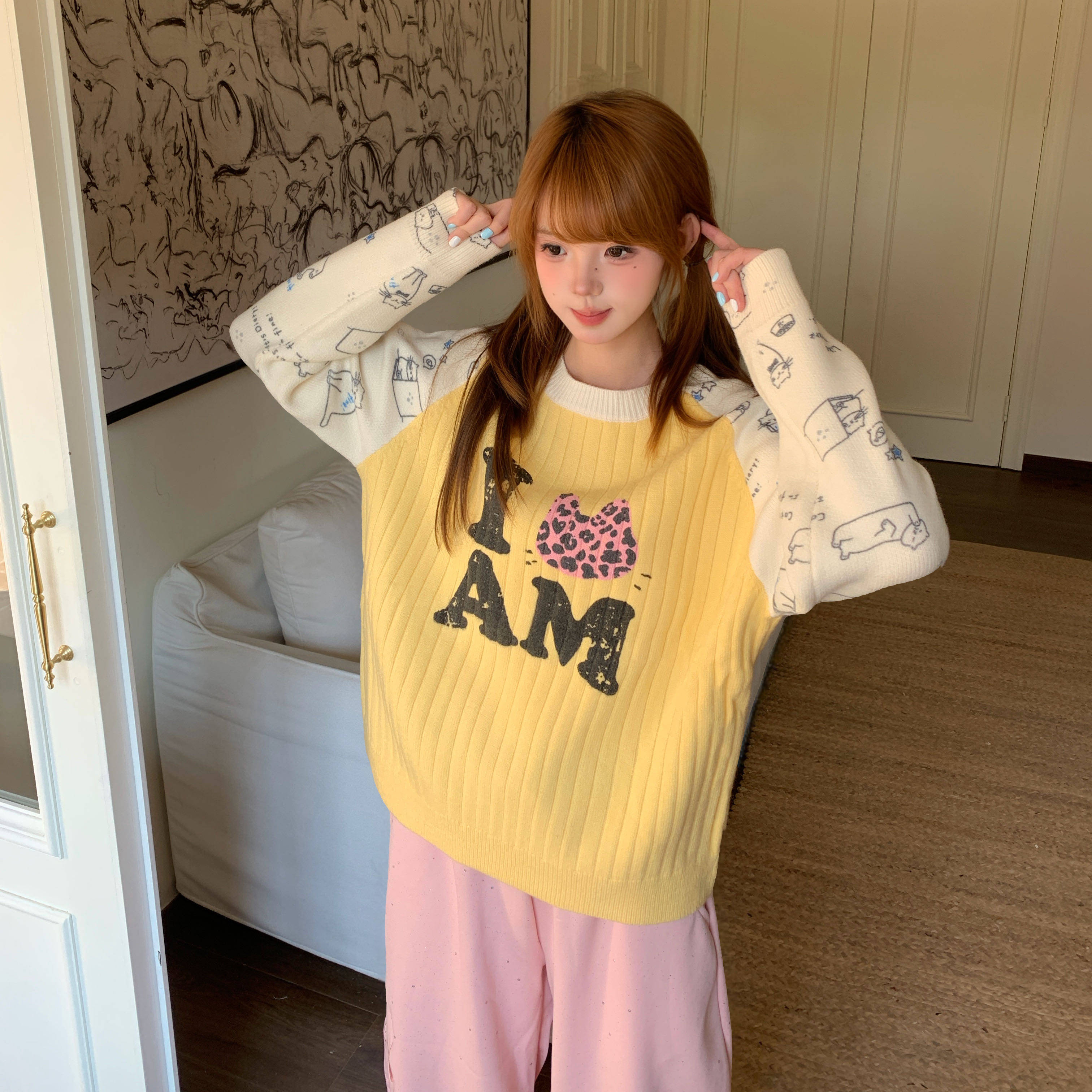 Amoeba韩系复古慵懒撞色猫咪印花圆领针织衫毛衣女宽松秋冬上衣