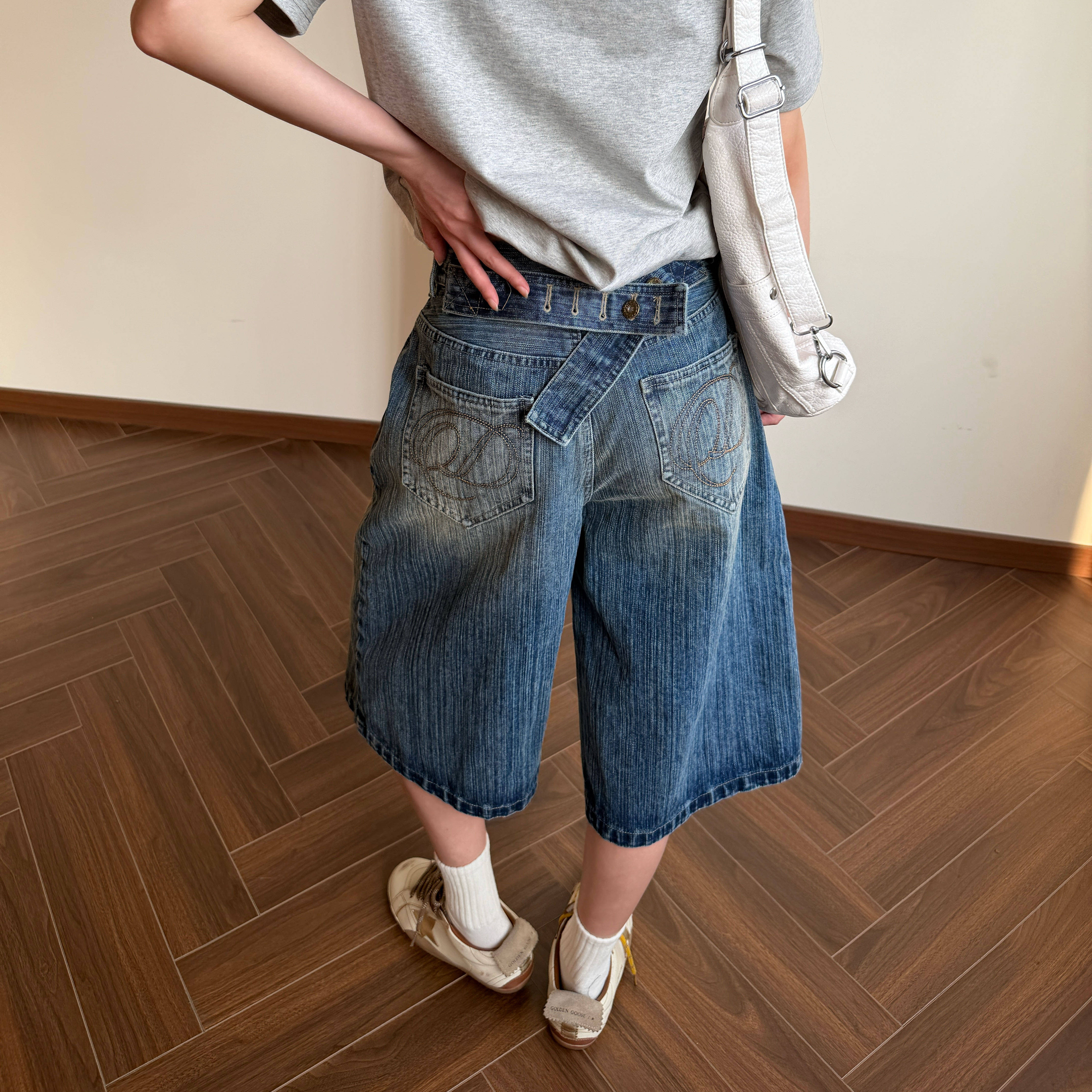 Amoeba美式复古巴黎扣竹节水洗牛仔七分裤男女夏季设计感过膝短裤