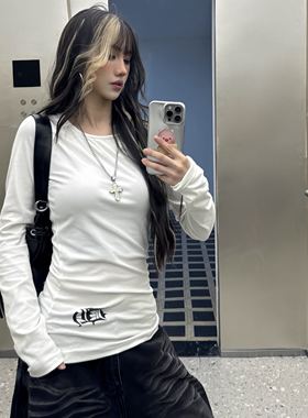 Amoeba美式复古修身简约梵文字母长袖叠穿打底衫T恤秋季百搭上衣