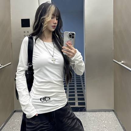 Amoeba美式复古修身简约梵文字母长袖叠穿打底衫T恤秋季百搭上衣