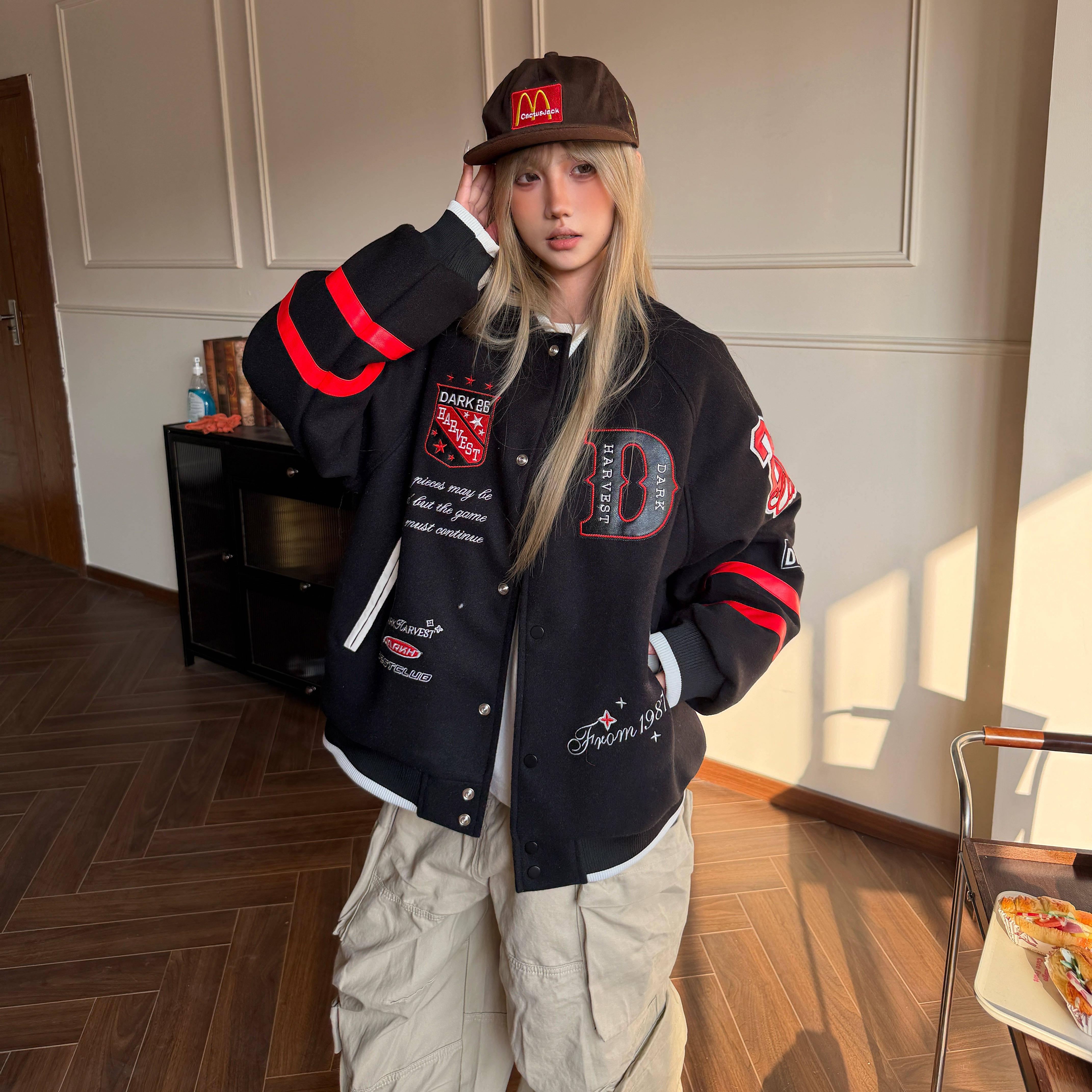 Amoeba美式复古字母刺绣撞色条纹夹棉棒球服外套男女春季新款夹克