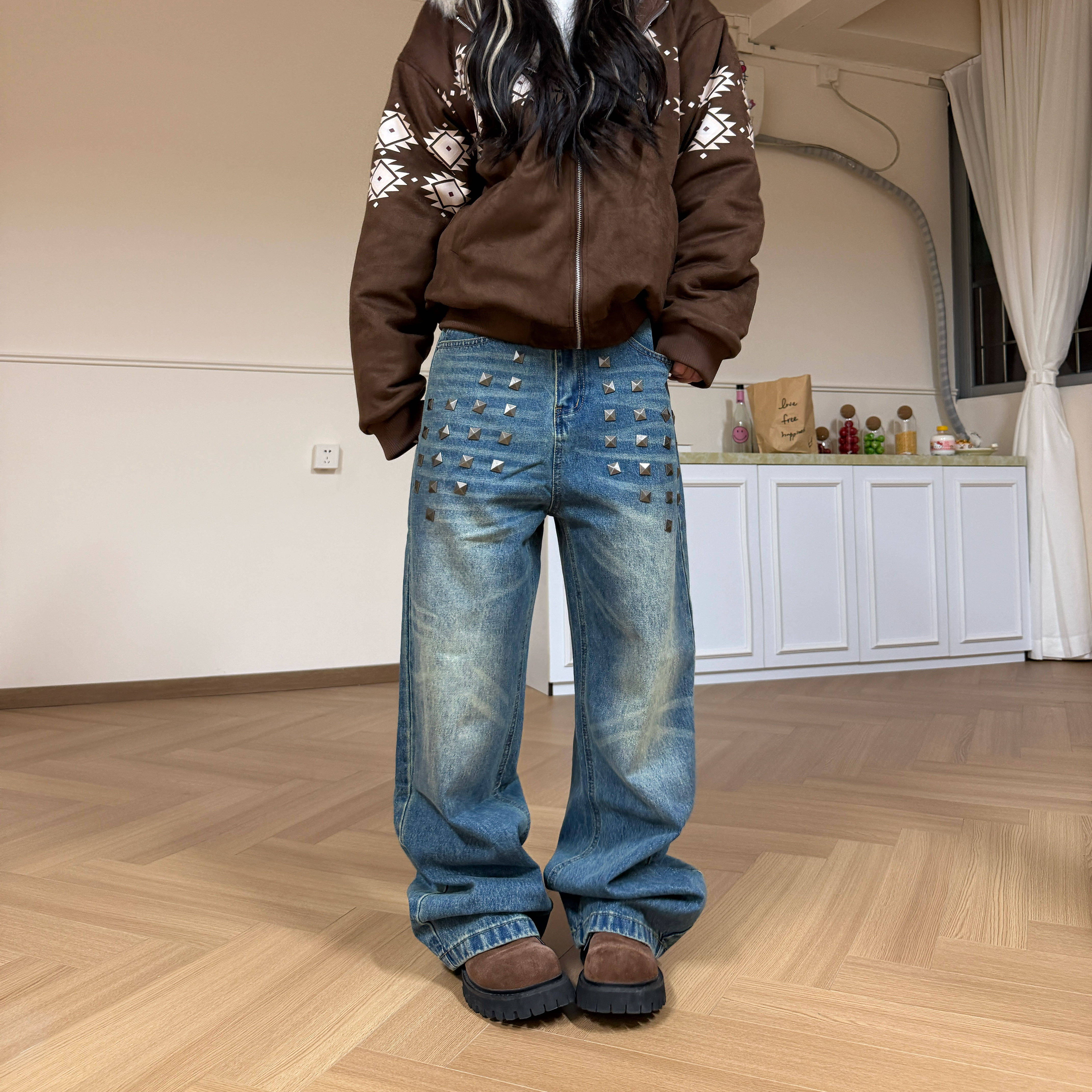 Amoeba美式复古水洗做旧猫须纹牛仔裤男女宽松直筒百搭方铆钉长裤