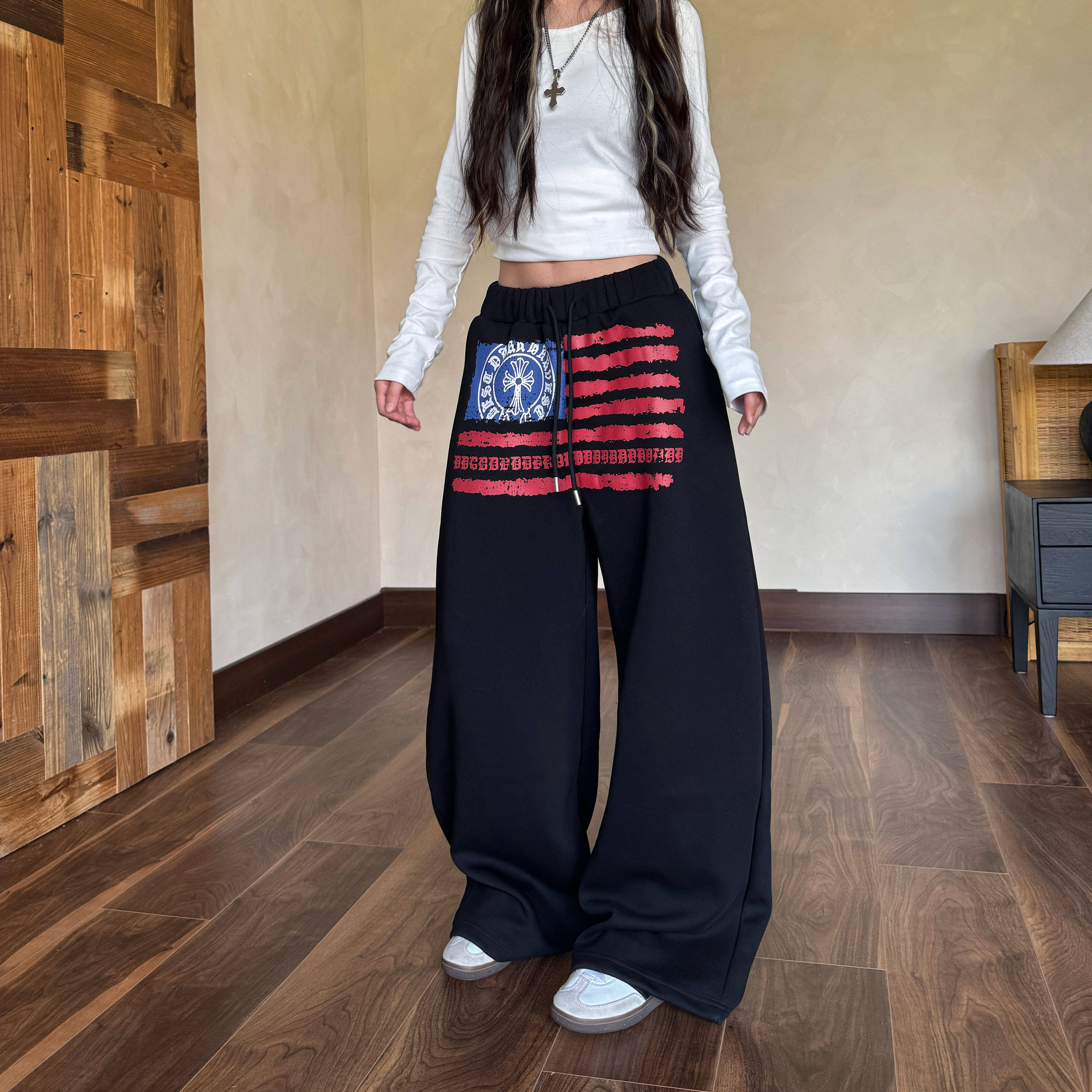Amoeba美式复古字母印花宽松阔腿直筒休闲卫裤男女秋季百搭长裤