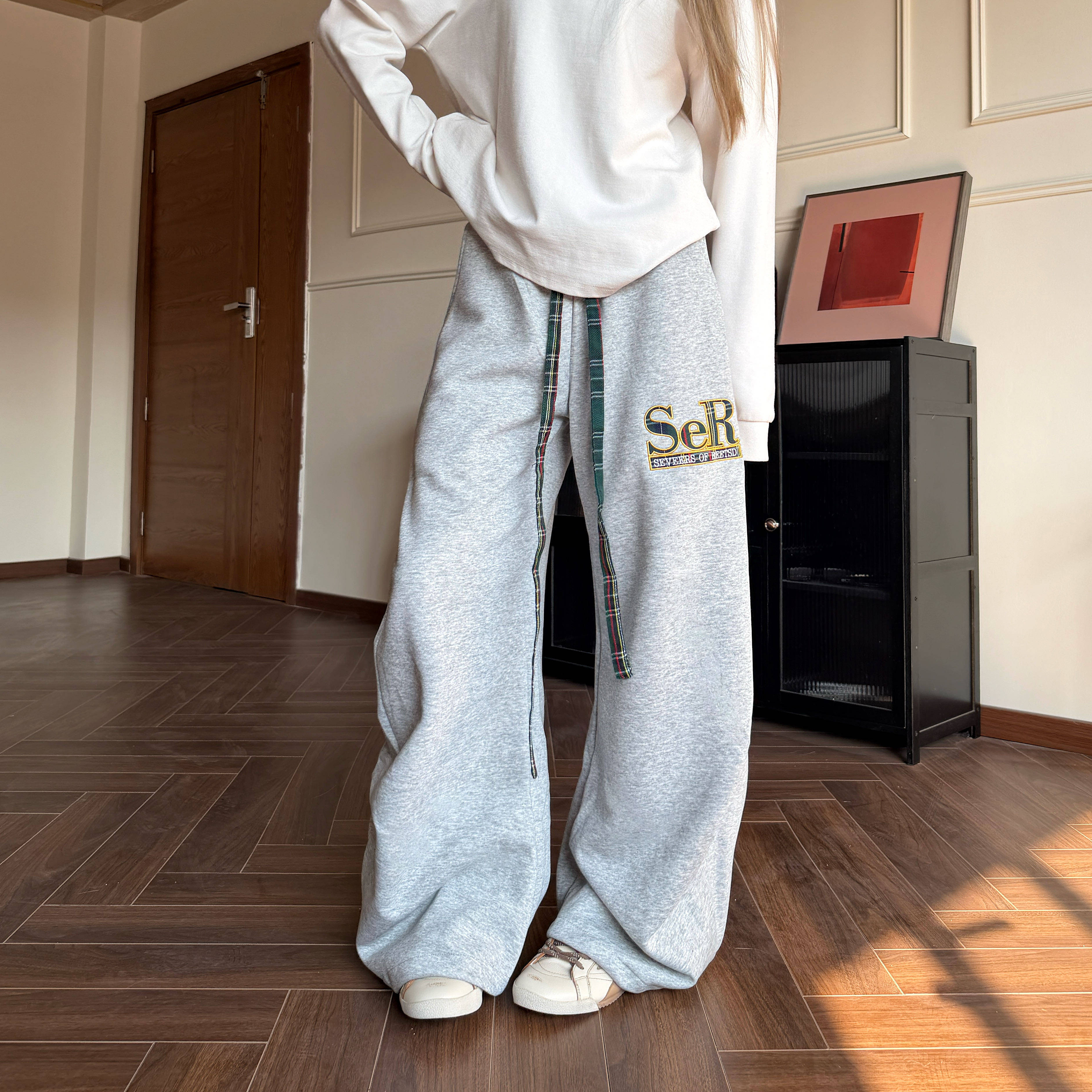 Amoeba美式复古格纹字母刺绣宽松休闲阔腿褶皱直筒抽绳弯刀卫裤