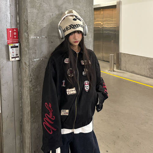 美式街头麂皮绒刺绣夹克