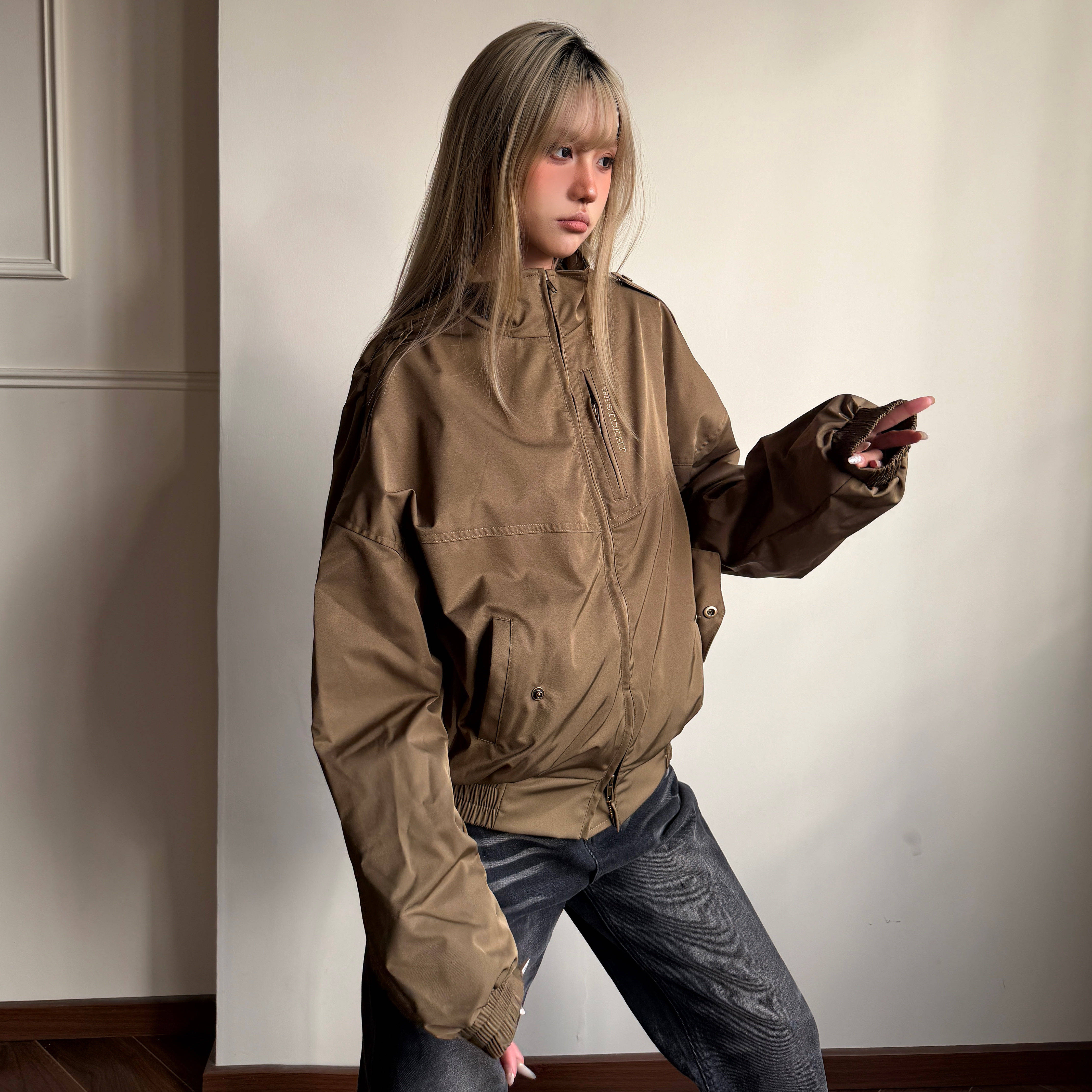 Amoeba美式复古街头工装廓形短款飞行员夹克男女高姐宽松立领外套