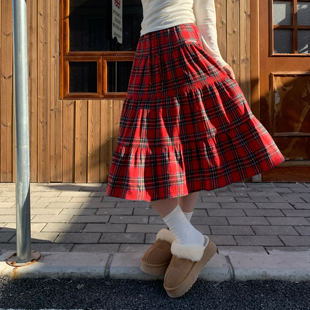 Amoeba美式复古红色格子半身裙女秋冬季显瘦百搭中长款A字蛋糕裙