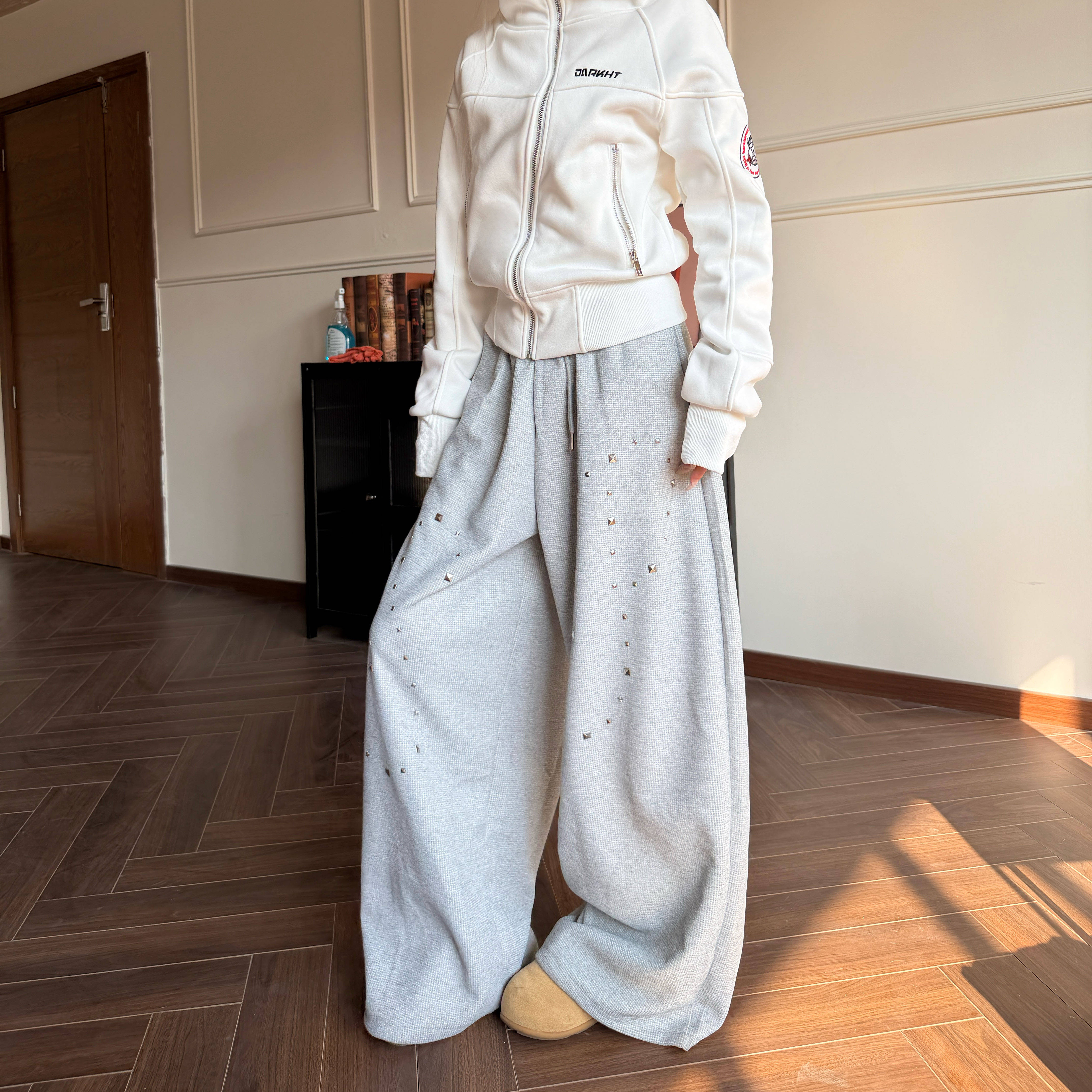 Amoeba美式复古华夫格铆钉阔腿卫裤男女宽松休闲慵懒垂感直筒长裤