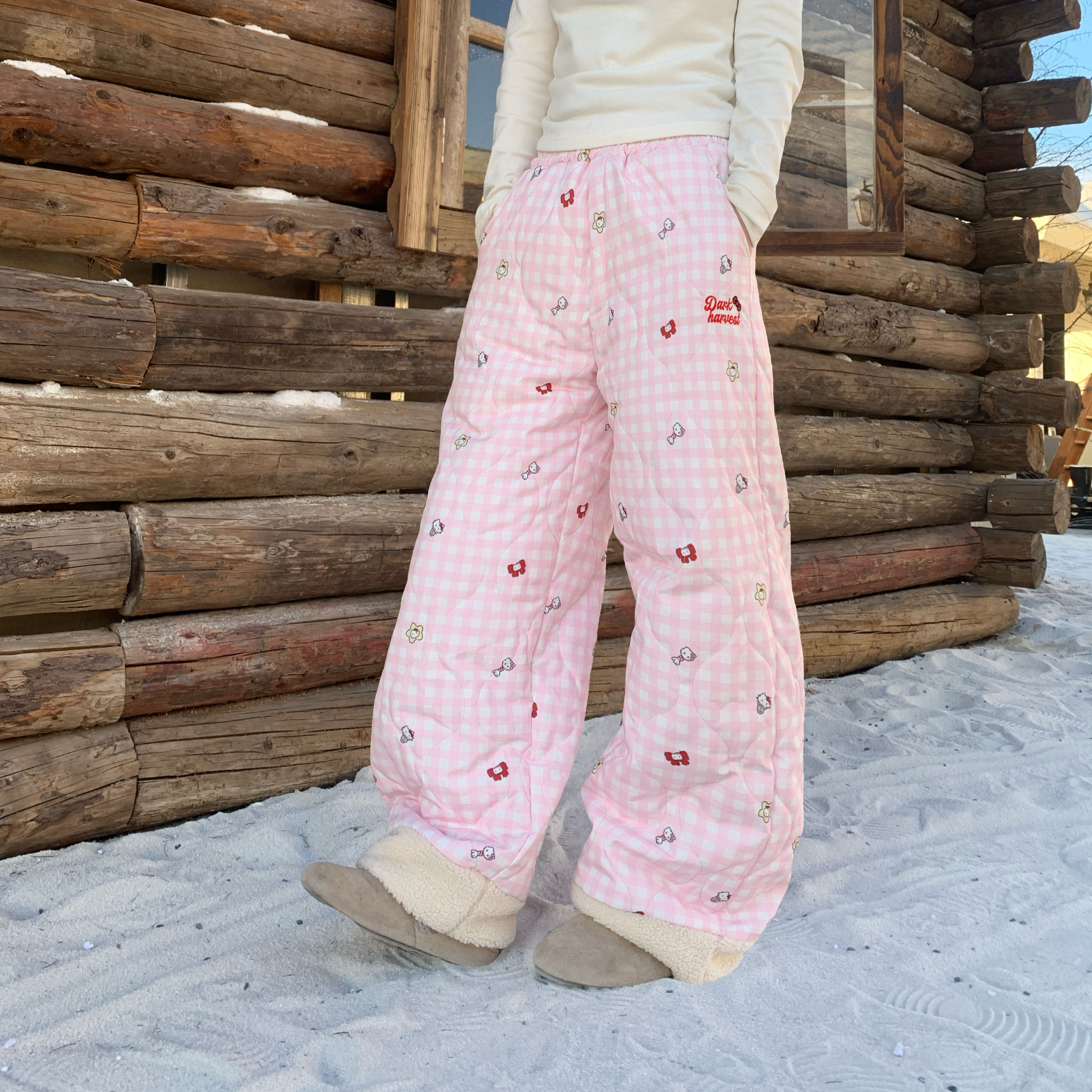 可爱格子满印KT毛绒棉裤