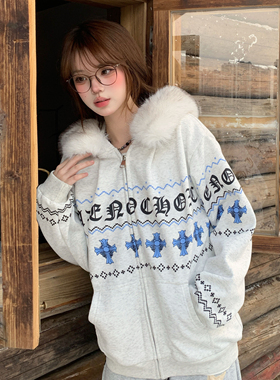 Amoeba美式复古费尔岛秋冬加绒可拆卸毛领连帽卫衣拉链外套开衫