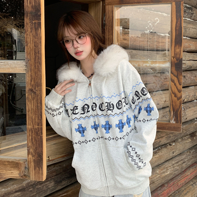 美式复古费尔岛加绒毛领外套