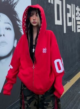 Amoeba美式复古满印宽松连帽卫衣拉链开衫外套秋冬国潮男女帽衫