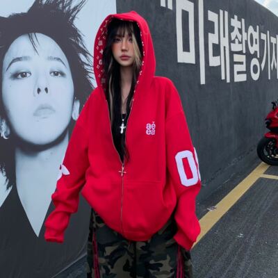 美式复古满印内衬连帽开衫