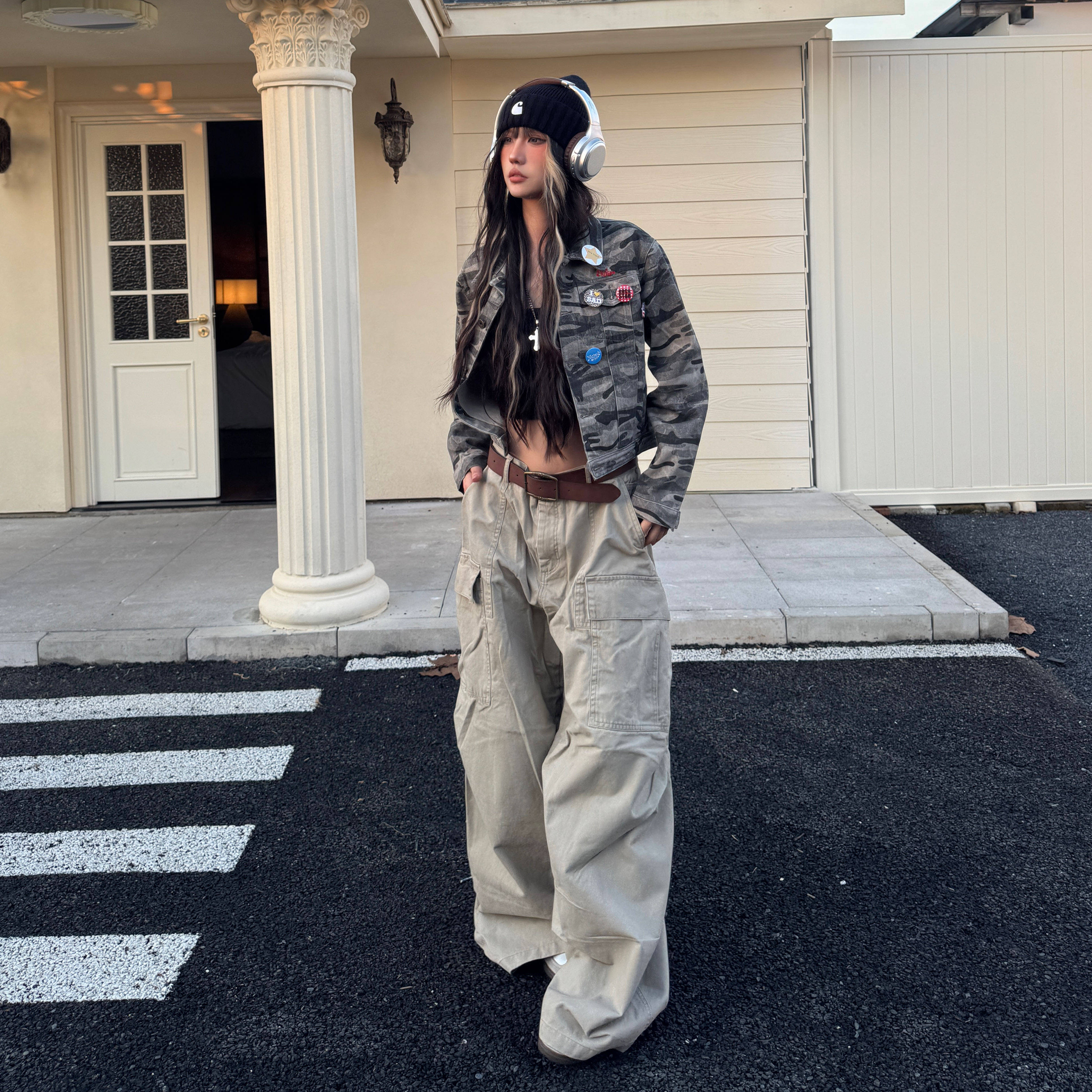 Amoeba美式复古百搭褶皱大口袋宽松阔腿弯刀工装裤男女拖地长裤,女装/女士精品,休闲裤,淘宝优惠券,粉丝福利购,淘宝优惠卷