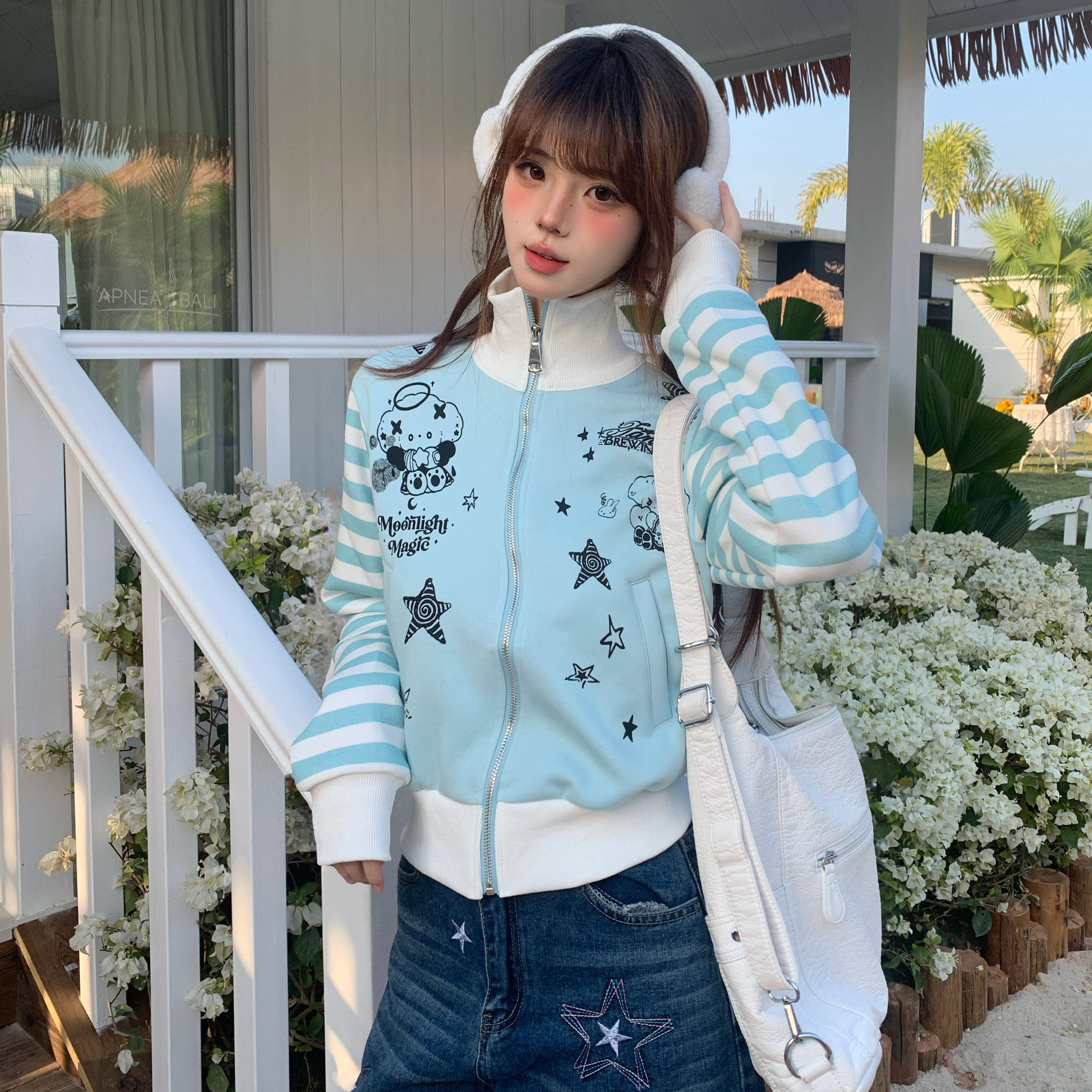 Amoeba复古亚萌Y2K手绘卡通撞色条纹短款立领卫衣拉链开衫外套,女装/女士精品,卫衣/绒衫,淘宝优惠券,粉丝福利购,淘宝优惠卷