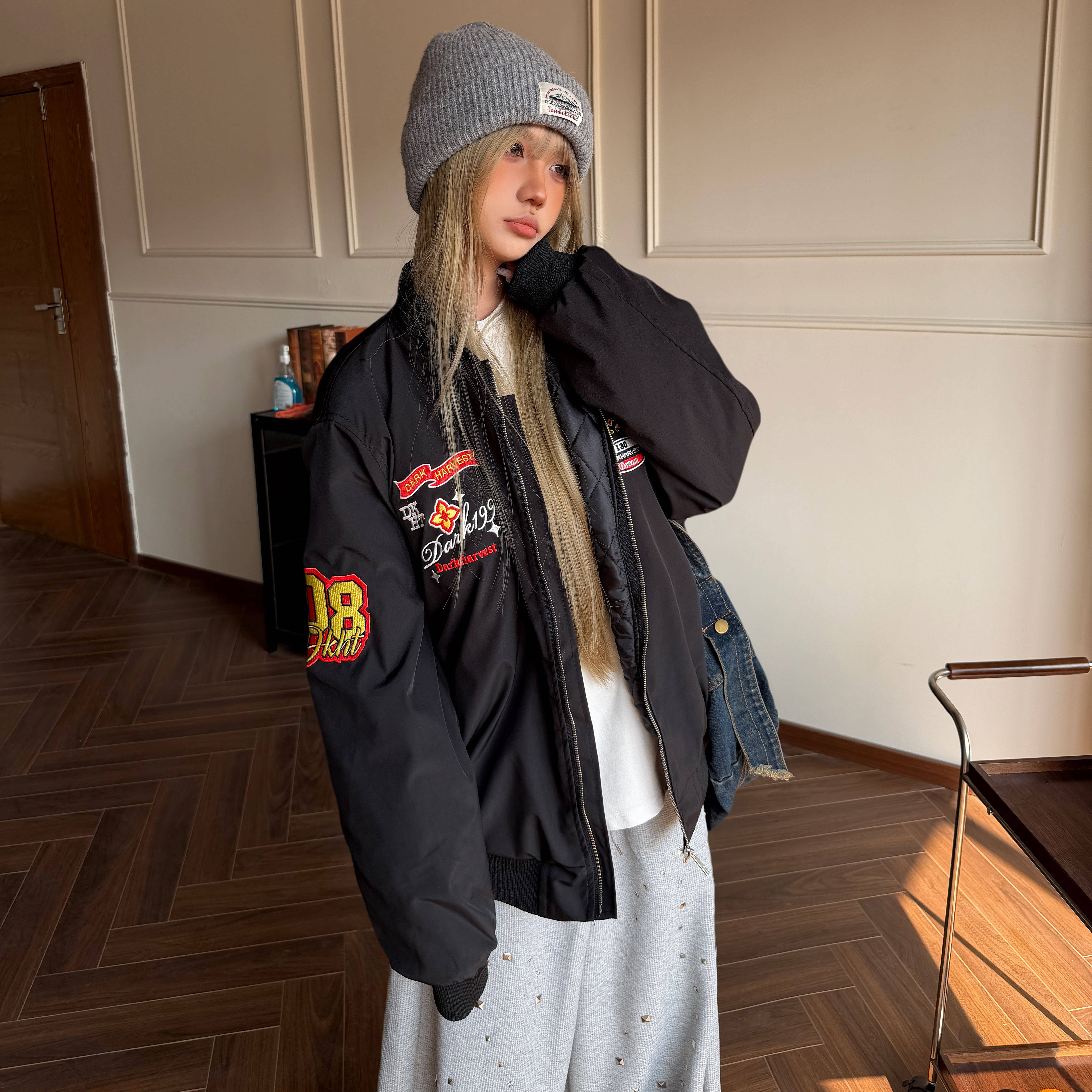 Amoeba美式复古字母勋章刺绣夹棉春季宽松飞行夹克 外套男女上衣