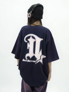 短袖 Amoeba原创国刺绣字母发泡扎染印花设计感宽松百搭情侣夏季