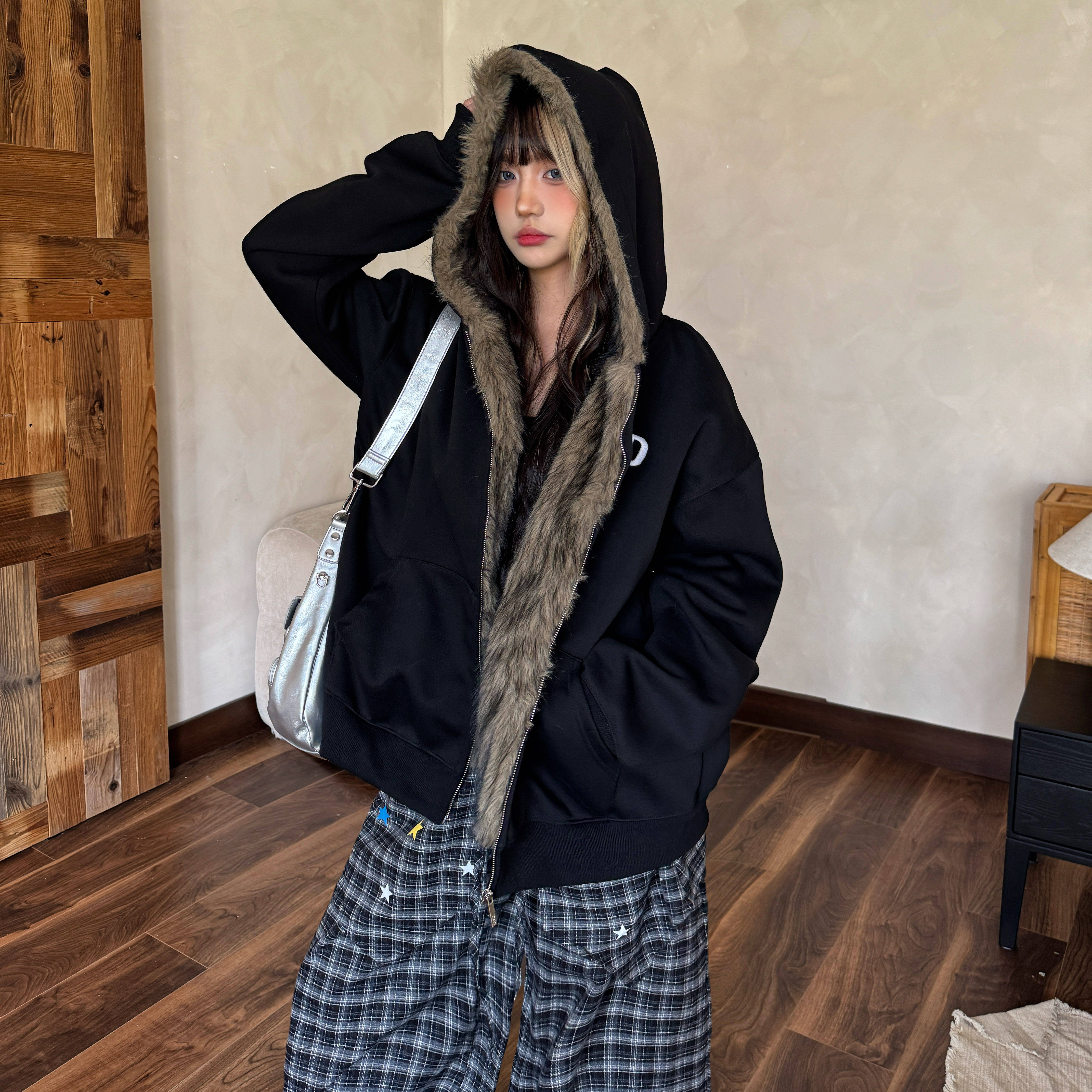 Amoeba原创国潮美式复古座山雕毛领加厚连帽卫衣拉链开衫秋冬外套