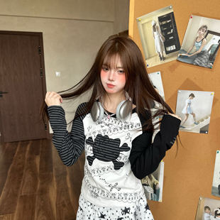 Amoeba美式复古y2K拼接撞色条纹可爱KT圆领长袖T恤衫女秋季上衣