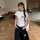 短袖 Amoeba原创满印星星织带插肩袖 复古y2k修身 短款 T恤女夏季 美式