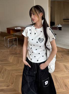 Amoeba原创满印星星织带插肩袖T恤女夏季美式复古y2k修身短款短袖