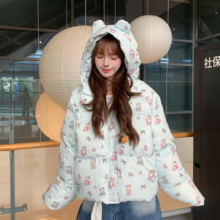 Amoeba可爱甜酷原创满印小熊连帽短款棉服女冬季保暖加厚棉袄外套