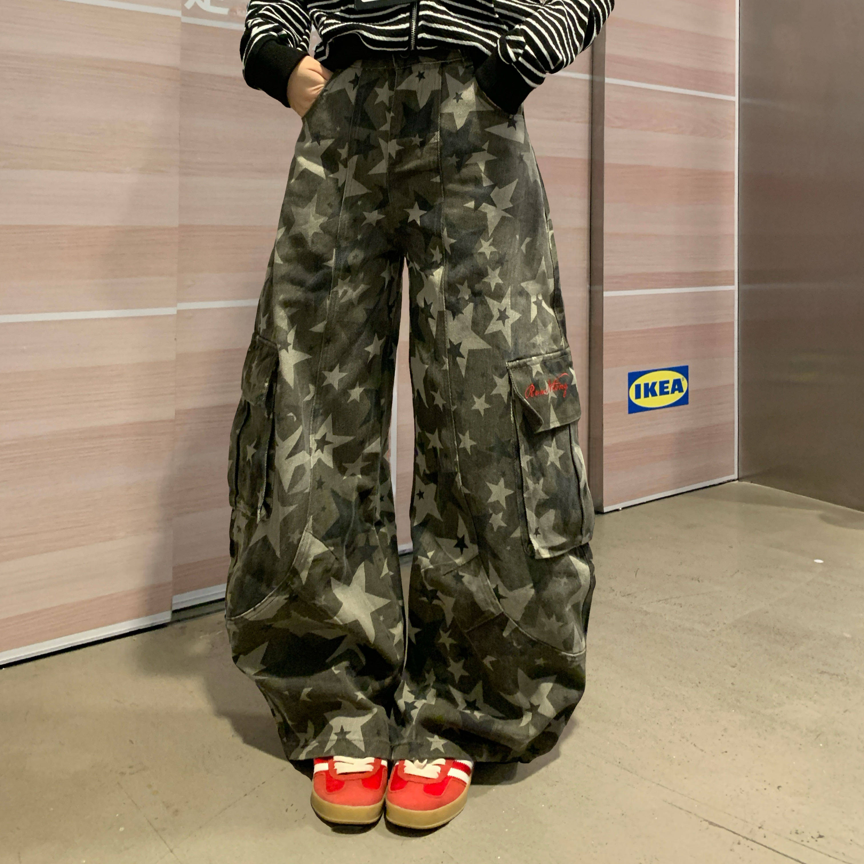 Amoeba美式复古水洗做旧星星印花多口袋工装裤宽松阔腿弯刀长裤