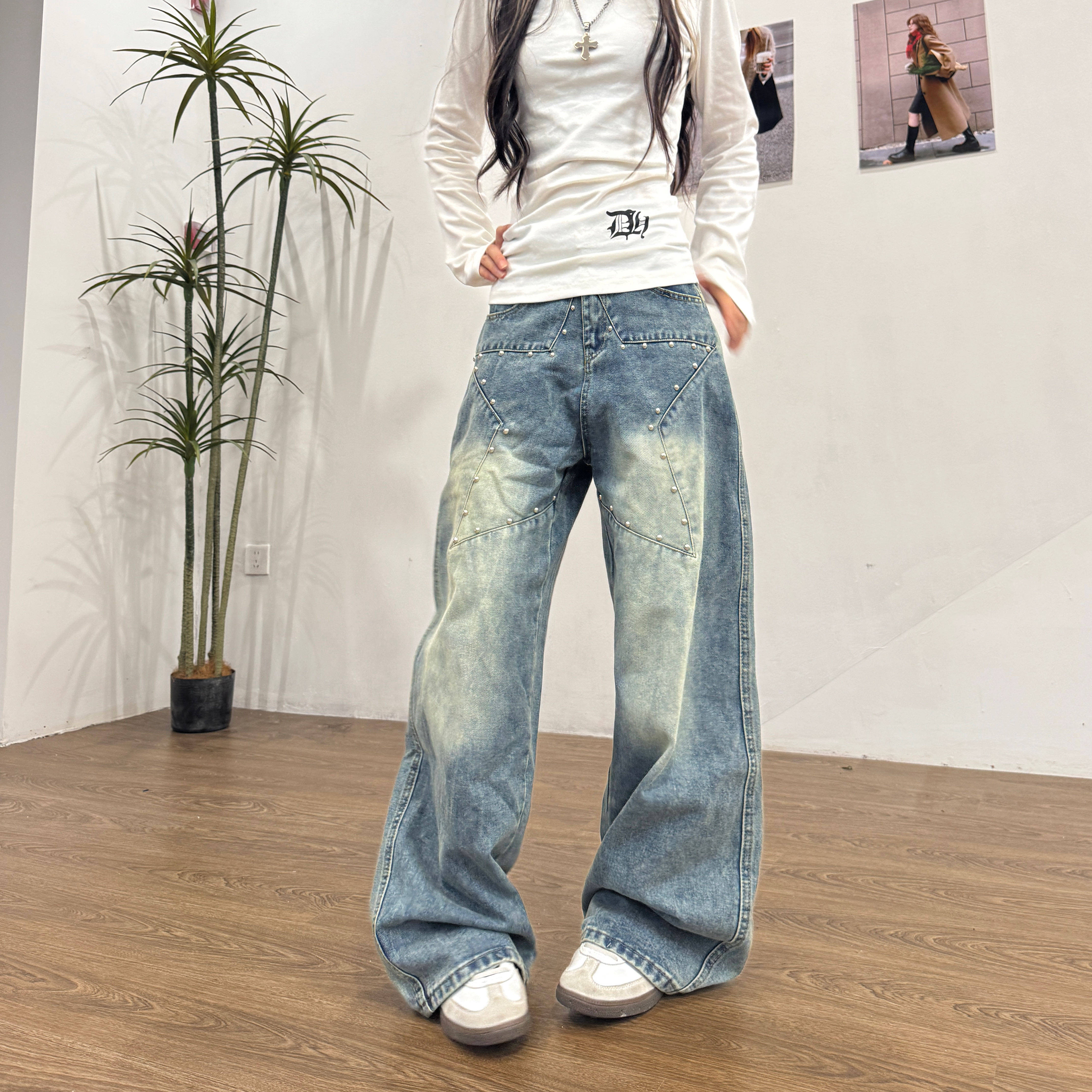 Amoeba美式复古街头水洗做旧铆钉星星宽松直筒牛仔裤裤男女长裤,女装/女士精品,牛仔裤,淘宝优惠券,粉丝福利购,淘宝优惠卷