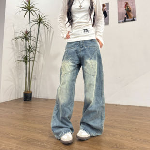 Amoeba美式复古街头水洗做旧铆钉星星宽松直筒牛仔裤裤男女长裤