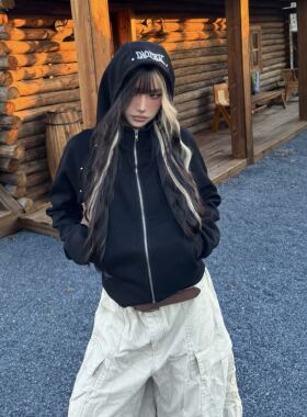 Amoeba美式复古cleanfit简约刺绣短款宽松连帽卫衣拉链开衫外套女