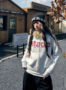 Amoeba美式复古毛领连帽卫衣拉链开衫字母印花秋季短款宽松外套女