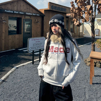 美式复古毛领短款连帽卫衣外套