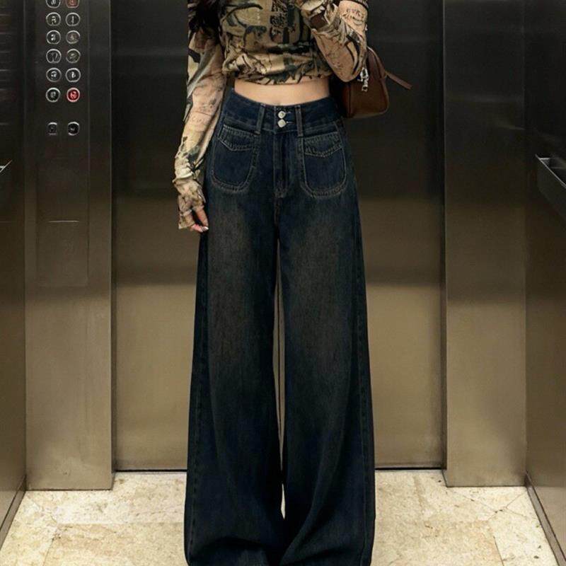 加绒加厚阔腿牛仔裤女2026秋冬新款复古宽松慵懒垂感高腰直筒裤子