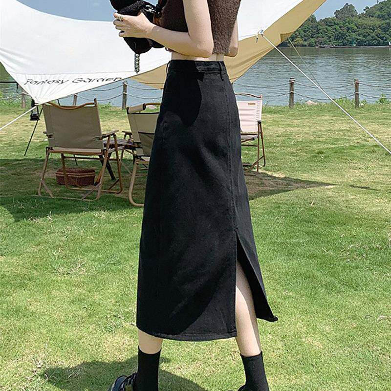高腰开叉牛仔半身裙女2026新款春秋款小个子a字半裙黑色包臀长裙