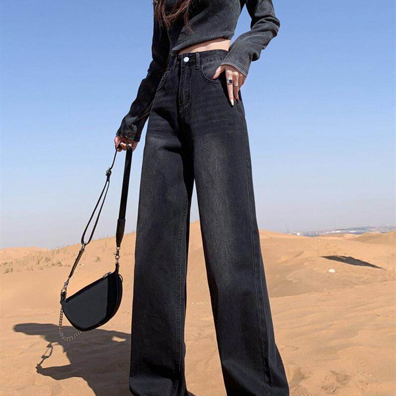 直筒牛仔裤女高腰秋冬新款梨形身材大码胖mm显瘦宽松窄版阔腿裤子