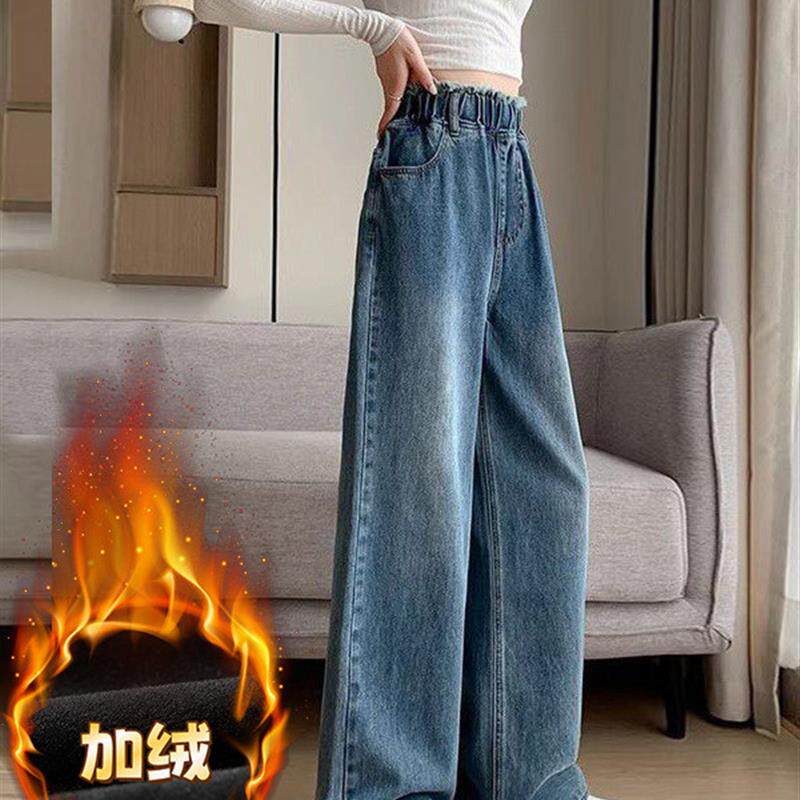 2026秋冬加绒胖mm大码牛仔长裤直筒阔腿宽松紧高腰显瘦女装200斤